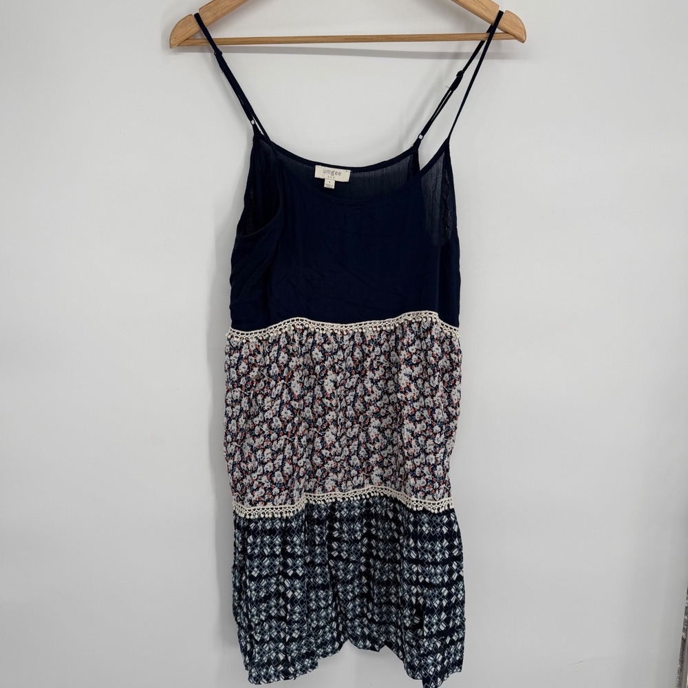 Umgee Mini Dress Womens Small Mixed Floral Geometric Tiered Blue Coastal Western